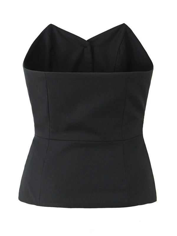 Summer Solid Button-Up Strapless Tube Top for Women