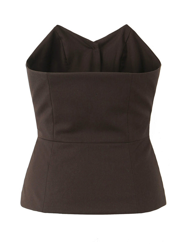 Summer Solid Button-Up Strapless Tube Top for Women