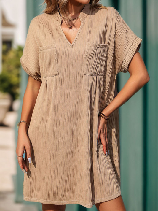 Tunic Dresses- Casual V-Neck Loose Tunic Dress with Texture for Summer- Khaki- Chuzko Women Clothing