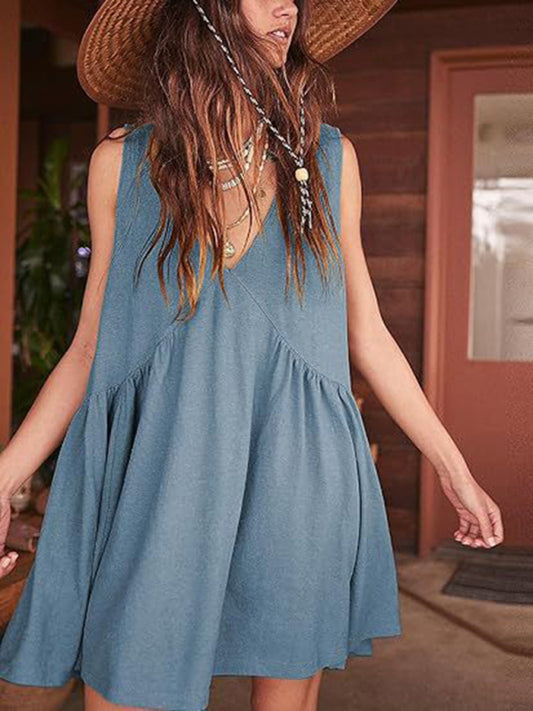 Tunic Dresses- Loose Fit Sleeveless Dress for Summer Comfort- Blue grey- Chuzko Women Clothing