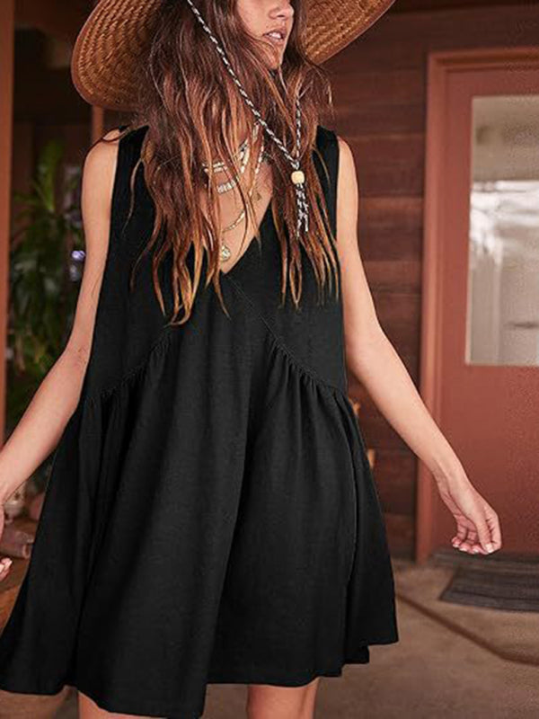 Tunic Dresses- Loose Fit Sleeveless Dress for Summer Comfort- Black- Chuzko Women Clothing
