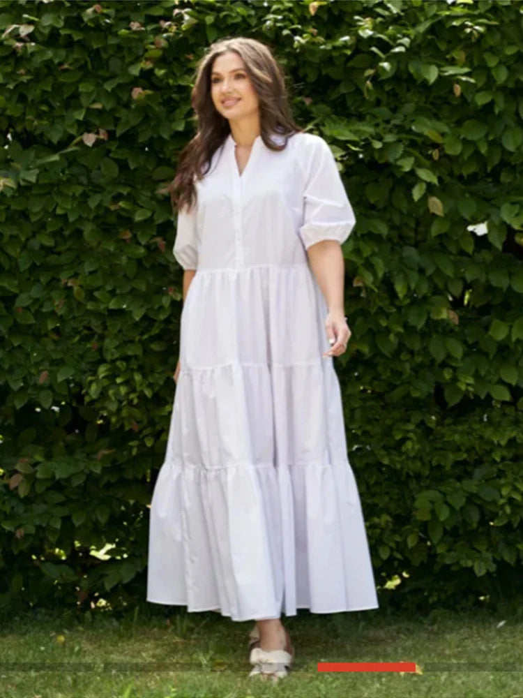 Relaxed Style V-Neck Maxi Dress with Loose Fit and Tiered Design