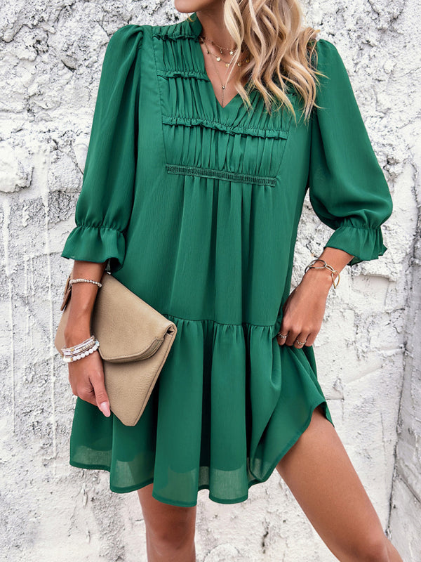 Tunic Dresses- Summer Solid V-Neck Ruffle Tunic Dress with 3/4 Sleeves- Green- Chuzko Women Clothing