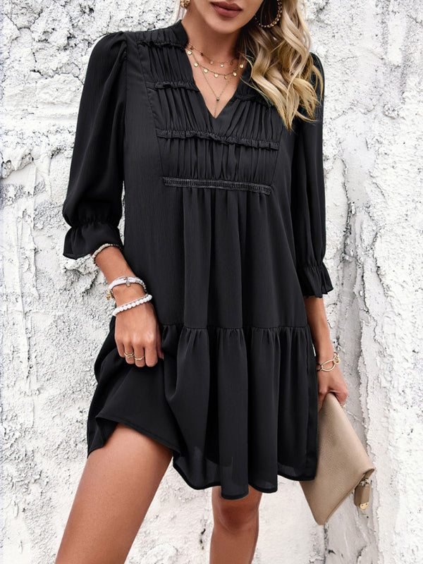 Tunic Dresses- Summer Solid V-Neck Ruffle Tunic Dress with 3/4 Sleeves- - Chuzko Women Clothing