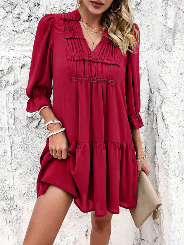 Tunic Dresses- Summer Solid V-Neck Ruffle Tunic Dress with 3/4 Sleeves- Wine Red- Chuzko Women Clothing