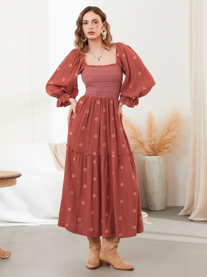 Vacation Dresses- Boho Floral Embroidered Long Dress for Casual Weddings- Rust- Chuzko Women Clothing