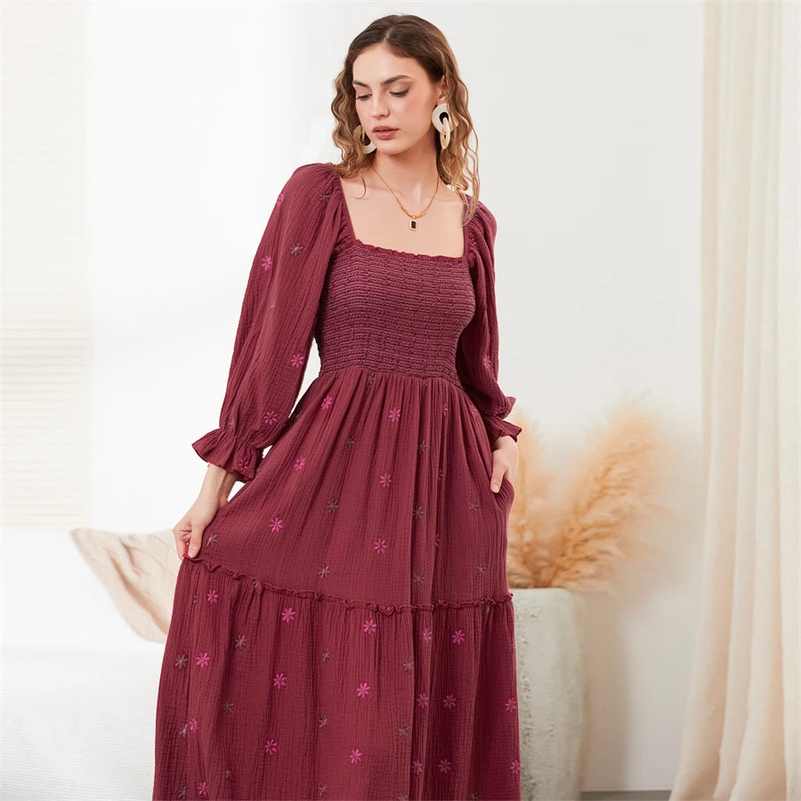 Vacation Dresses- Boho Floral Embroidered Long Dress for Casual Weddings- - Chuzko Women Clothing