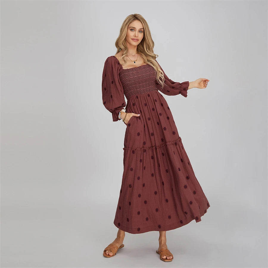 Vacation Dresses- Boho Floral Embroidered Long Dress for Casual Weddings- - Chuzko Women Clothing