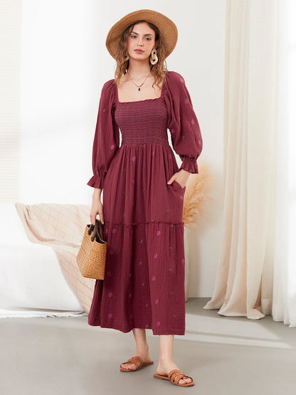 Vacation Dresses- Boho Floral Embroidered Long Dress for Casual Weddings- Wine Red- Chuzko Women Clothing