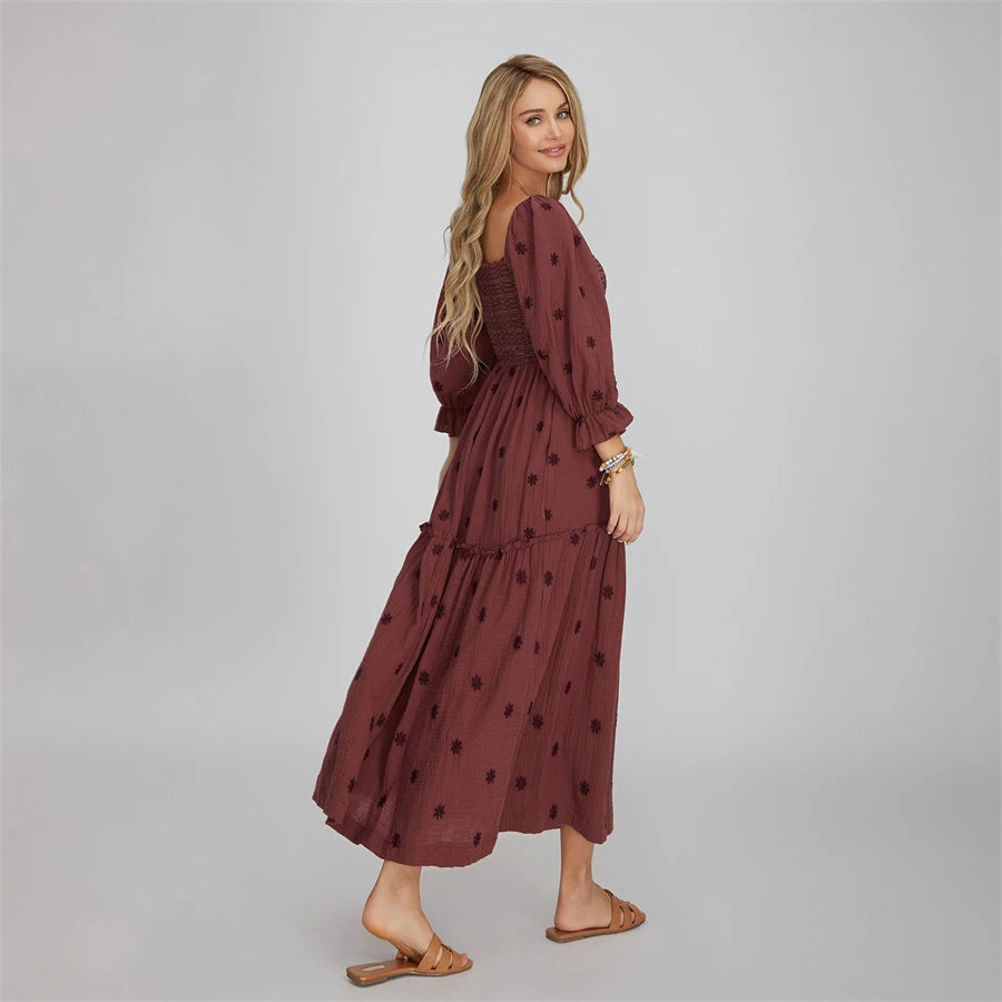 Vacation Dresses- Boho Floral Embroidered Long Dress for Casual Weddings- - Chuzko Women Clothing