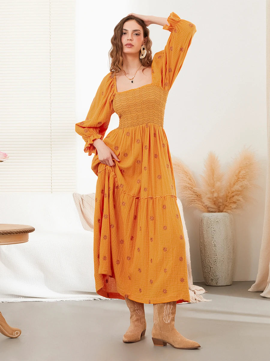 Vacation Dresses- Boho Floral Embroidered Long Dress for Casual Weddings- Orange- Chuzko Women Clothing