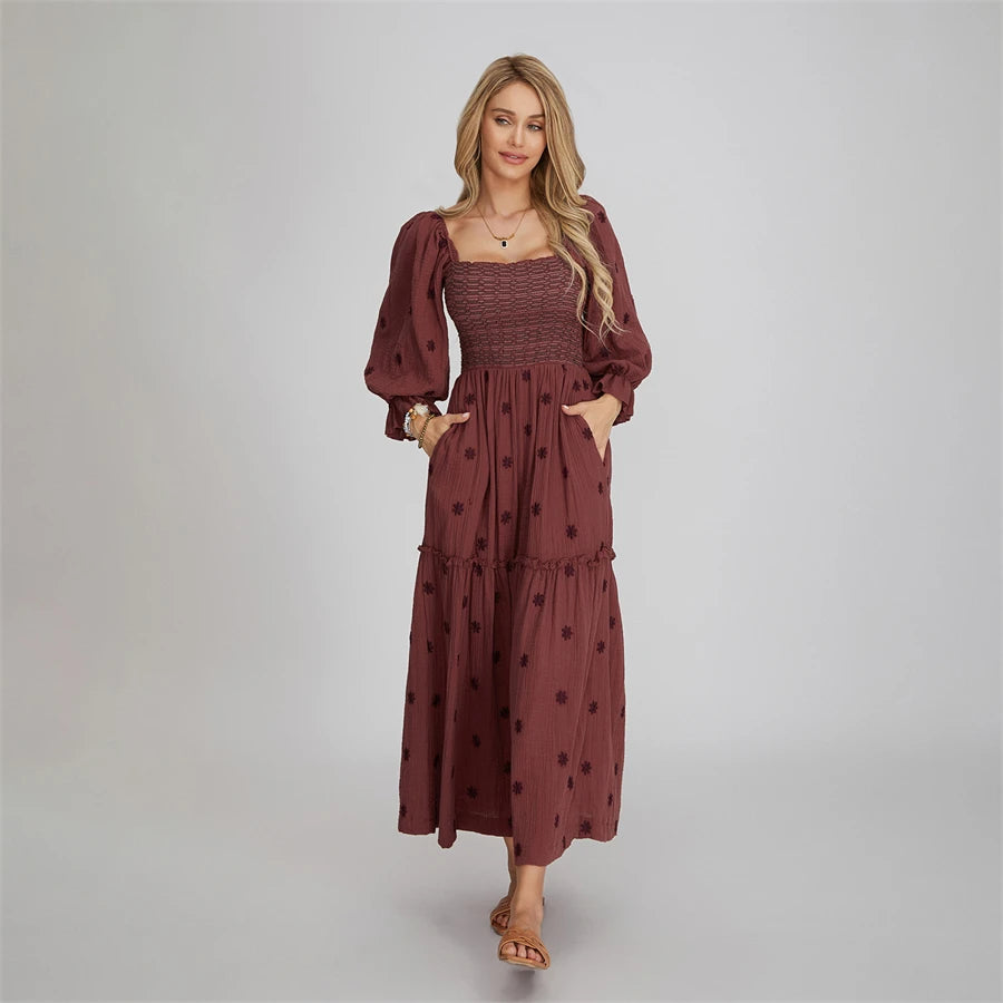 Vacation Dresses- Boho Floral Embroidered Long Dress for Casual Weddings- - Chuzko Women Clothing