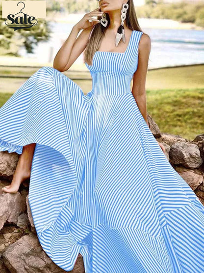 Vacation Dresses- Cocktail Couture Striped A-Line Maxi Dress- - Chuzko Women Clothing