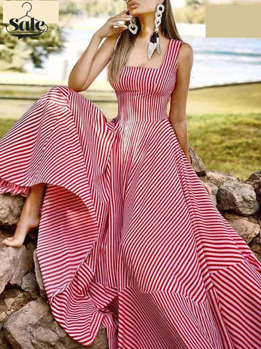 Vacation Dresses- Cocktail Couture Striped A-Line Maxi Dress- Red- Chuzko Women Clothing