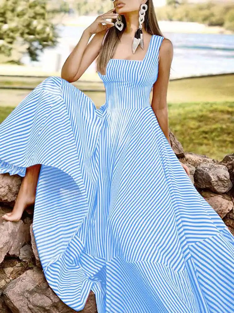 Vacation Dresses- Cocktail Couture Striped A-Line Maxi Dress- Blue- Chuzko Women Clothing