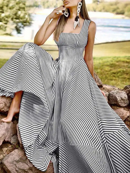 Vacation Dresses- Cocktail Couture Striped A-Line Maxi Dress- Black- Chuzko Women Clothing