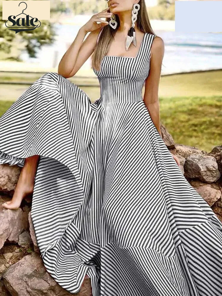 Vacation Dresses- Cocktail Couture Striped A-Line Maxi Dress- - Chuzko Women Clothing