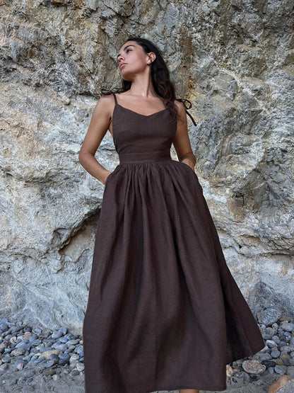Vacation Dresses- Cotton Blend Summer Midi Sundress- Brown- Chuzko Women Clothing