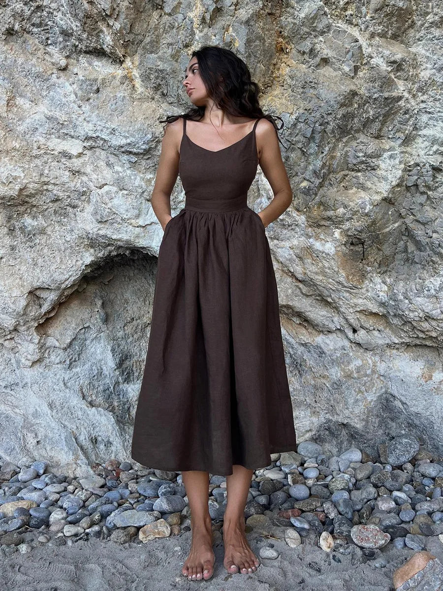 Vacation Dresses- Cotton Blend Summer Midi Sundress- - Chuzko Women Clothing