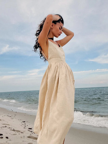 Vacation Dresses- Cotton Blend Summer Midi Sundress- Apricot- Chuzko Women Clothing