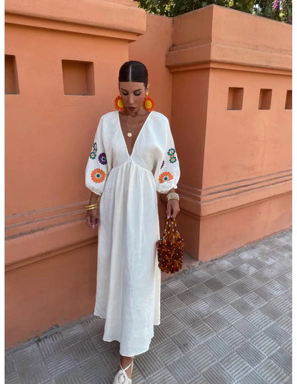 Vacation Dresses- Floral Bohemian Print Maxi Dress for Sunny Days- White- Chuzko Women Clothing