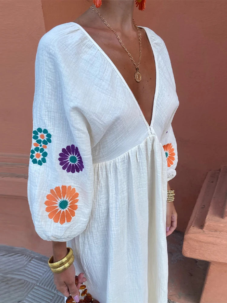 Vacation Dresses- Floral Bohemian Print Maxi Dress for Sunny Days- - Chuzko Women Clothing