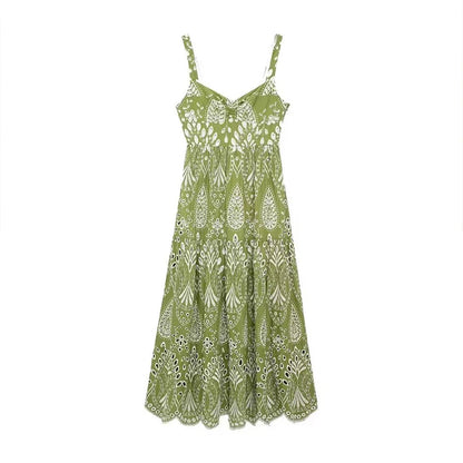 Vacation Dresses- Spring Elegance Embroidery Floral Midi Dress- Green- Chuzko Women Clothing