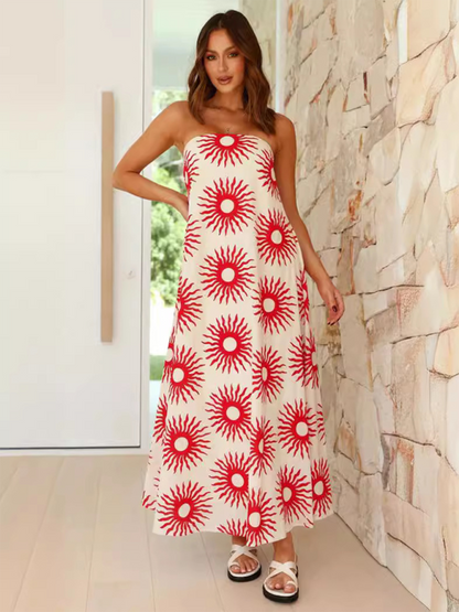 Vacation Dresses- Strapless Tunic Maxi Dress with Fruity Print for Honeymooners- Cream- Chuzko Women Clothing