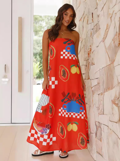 Vacation Dresses- Strapless Tunic Maxi Dress with Fruity Print for Honeymooners- - Chuzko Women Clothing