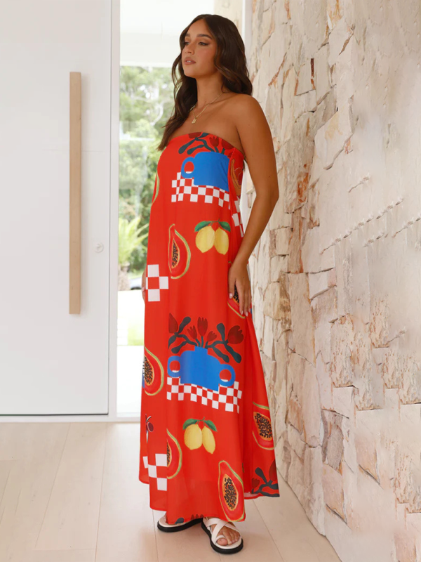 Vacation Dresses- Strapless Tunic Maxi Dress with Fruity Print for Honeymooners- - Chuzko Women Clothing