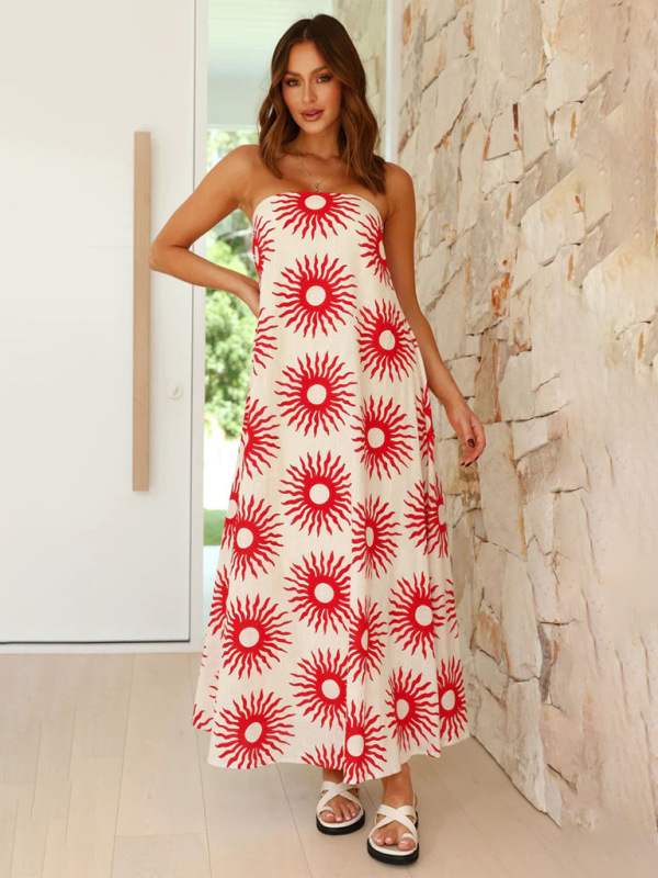 Vacation Dresses- Strapless Tunic Maxi Dress with Fruity Print for Honeymooners- - Chuzko Women Clothing