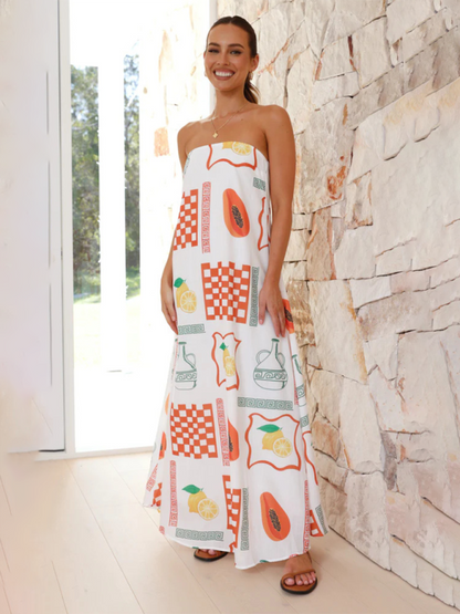 Vacation Dresses- Strapless Tunic Maxi Dress with Fruity Print for Honeymooners- White- Chuzko Women Clothing