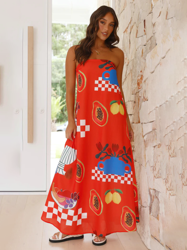 Vacation Dresses- Strapless Tunic Maxi Dress with Fruity Print for Honeymooners- Red- Chuzko Women Clothing