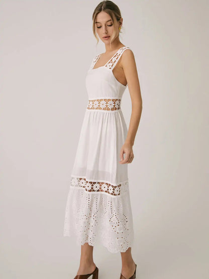Vacation Dresses- Summer Romance Women's Fit & Flare Embroidered Midi Dress for Garden Parties- - Chuzko Women Clothing