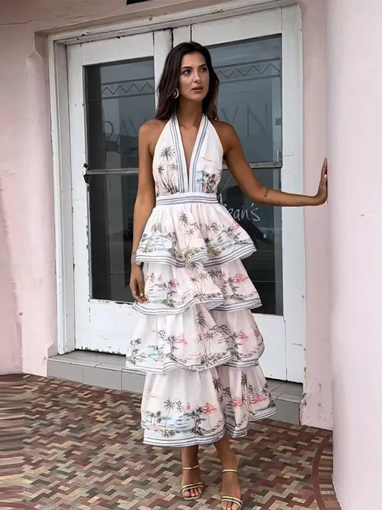 Tiered Ruffles Backless Maxi Dress for Summer Weddings