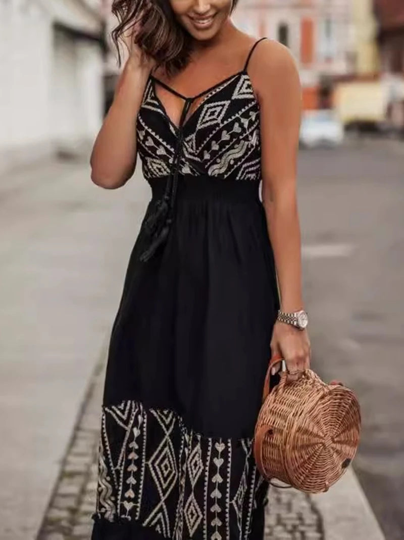 Vacation Dresses- Tribal-Inspired Embroidered Maxi Dress- - Chuzko Women Clothing