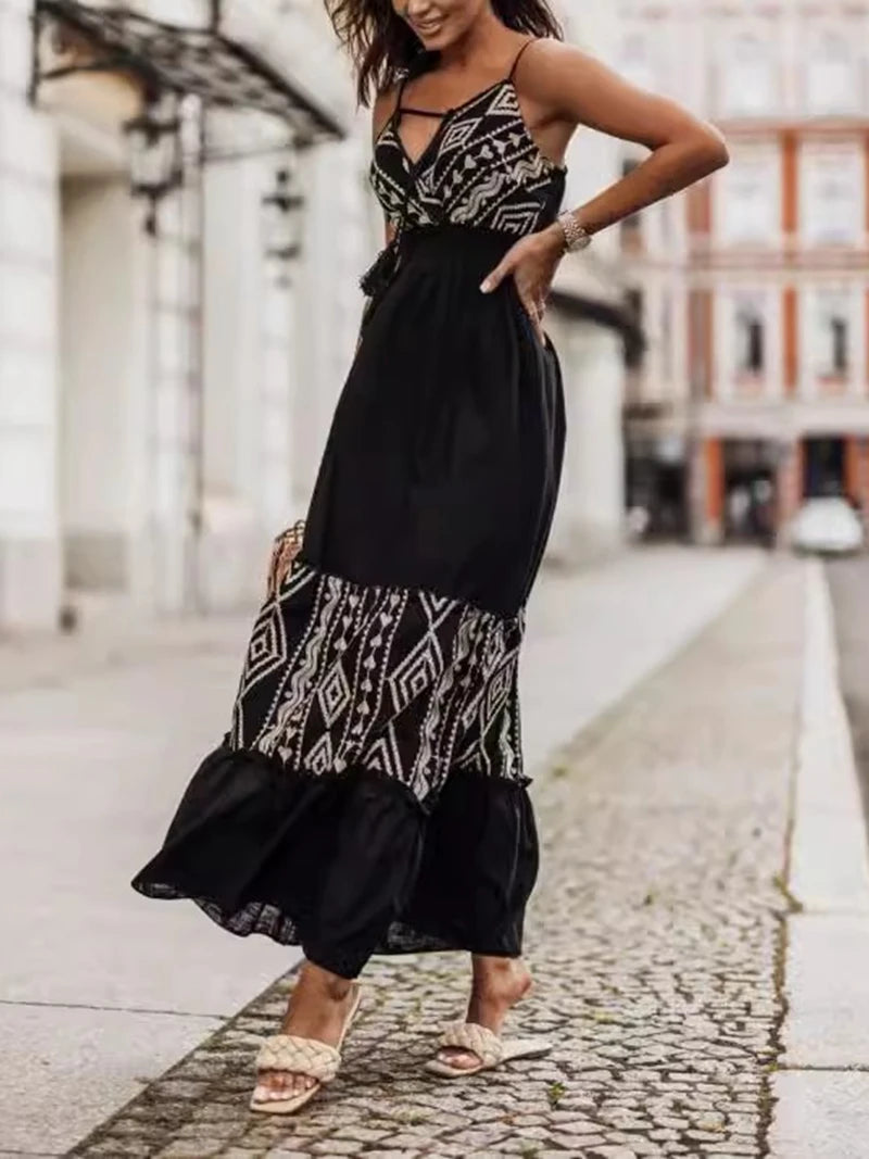 Vacation Dresses- Tribal-Inspired Embroidered Maxi Dress- - Chuzko Women Clothing