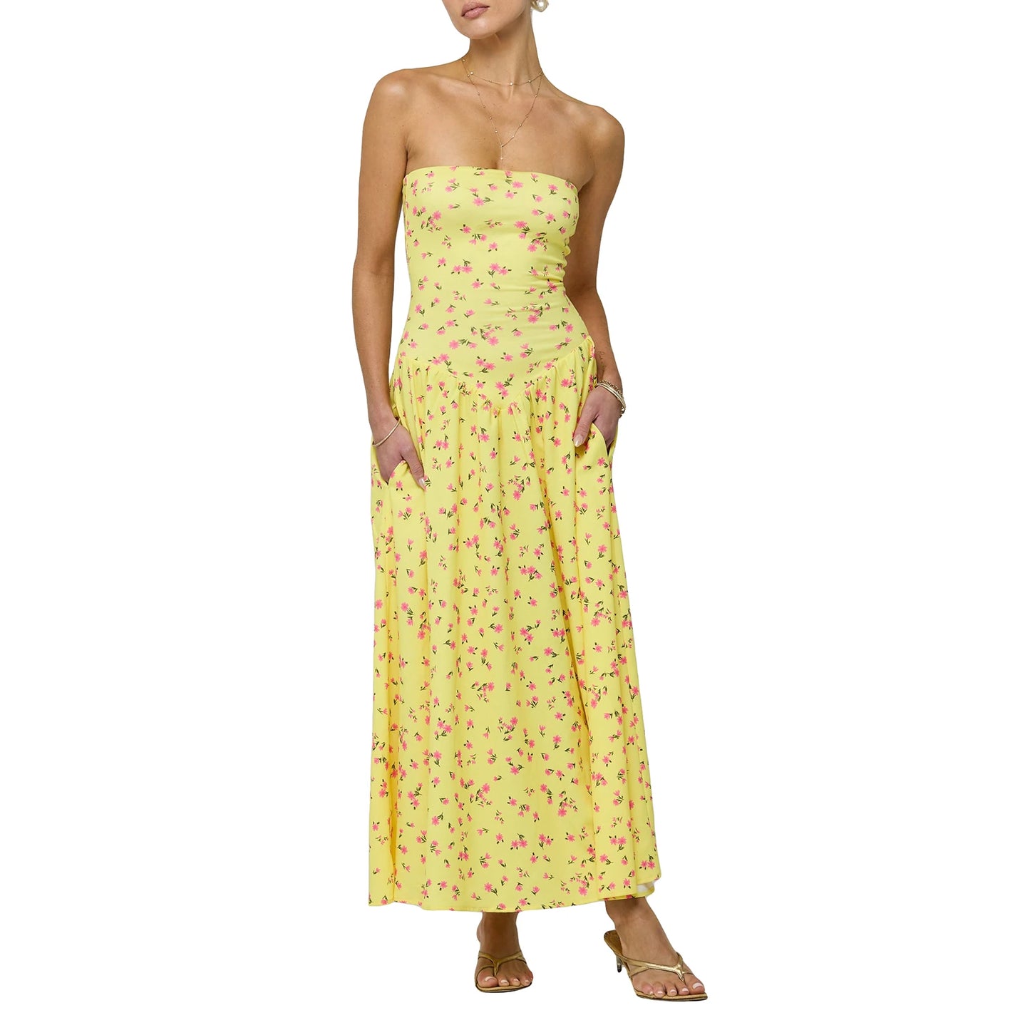 Vacation Dresses- Vibrant Yellow Floral Garden Party Tube Fit & Flare Maxi Dress- Yellow- Chuzko Women Clothing