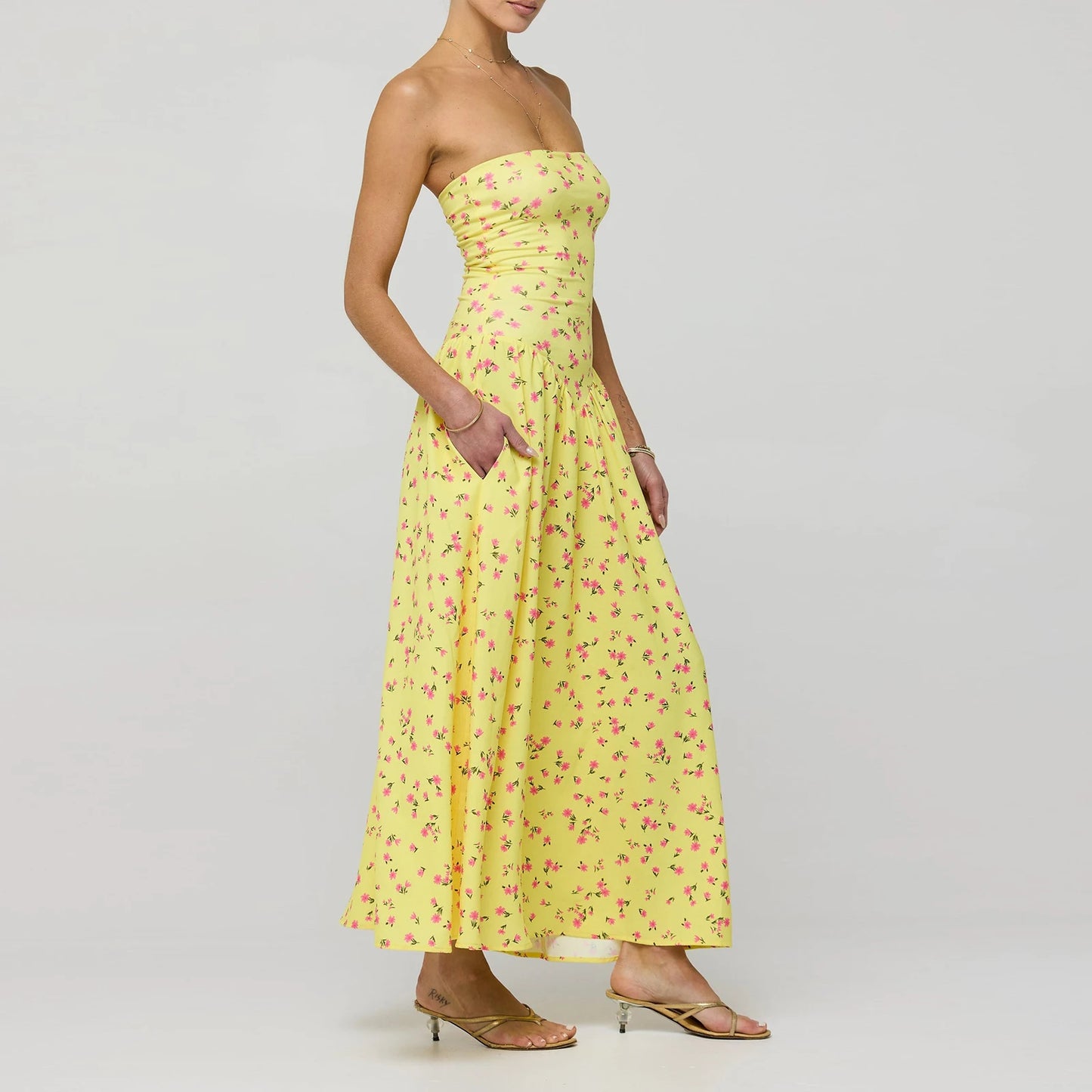 Vacation Dresses- Vibrant Yellow Floral Garden Party Tube Fit & Flare Maxi Dress- - Chuzko Women Clothing