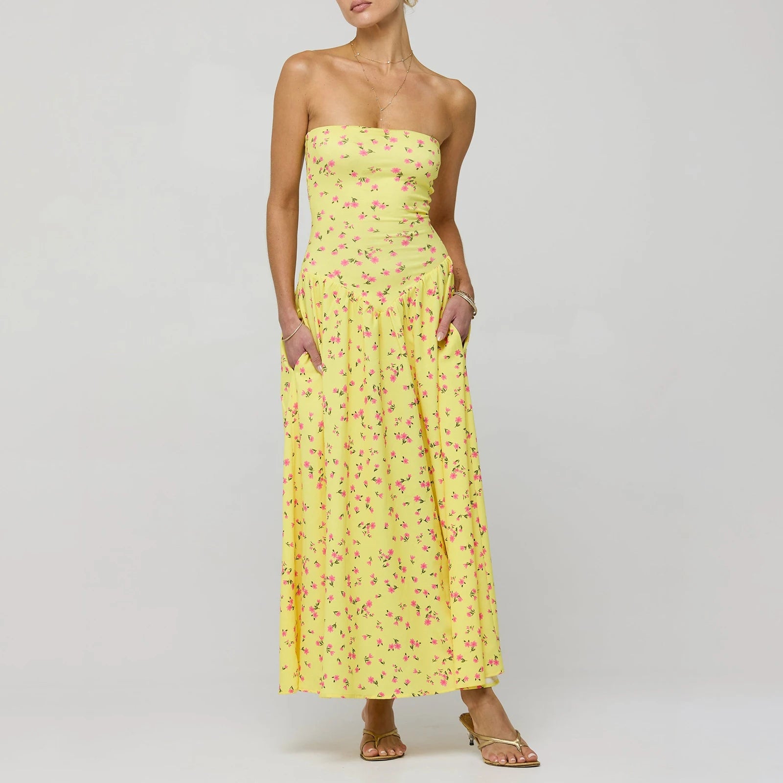 Vacation Dresses- Vibrant Yellow Floral Garden Party Tube Fit & Flare Maxi Dress- - Chuzko Women Clothing