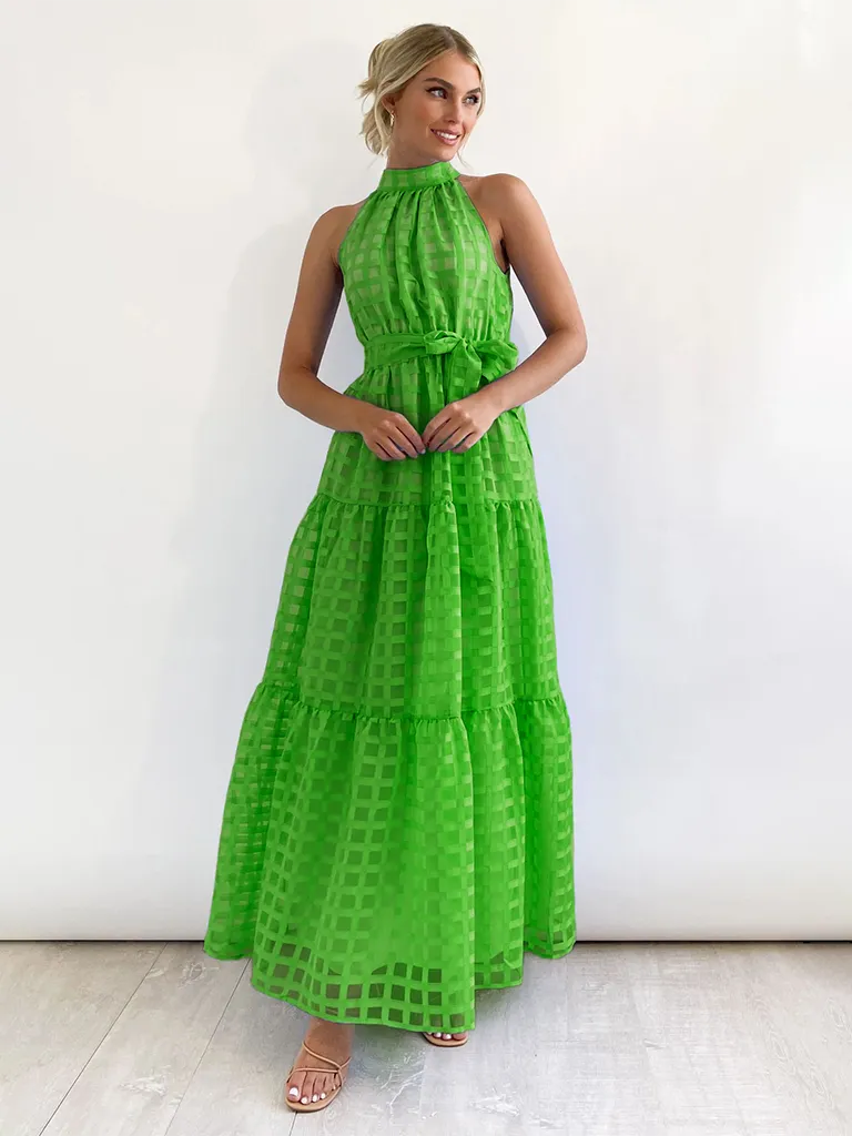 Vacation Dresses- Women Tiered Halter Maxi Dress for Your Next Holiday- Green- Chuzko Women Clothing