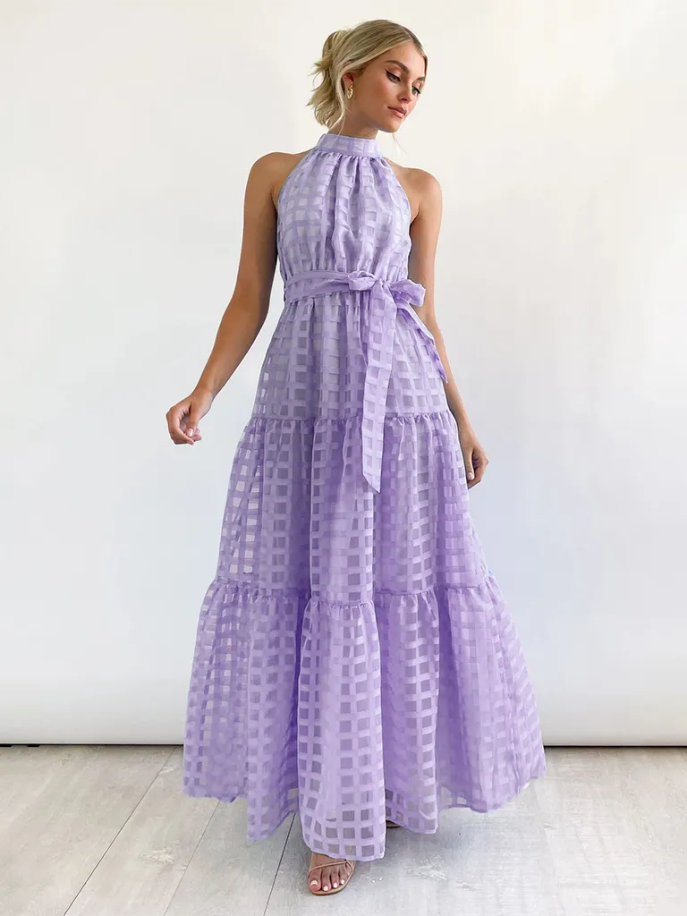Vacation Dresses- Women Tiered Halter Maxi Dress for Your Next Holiday- Purple- Chuzko Women Clothing