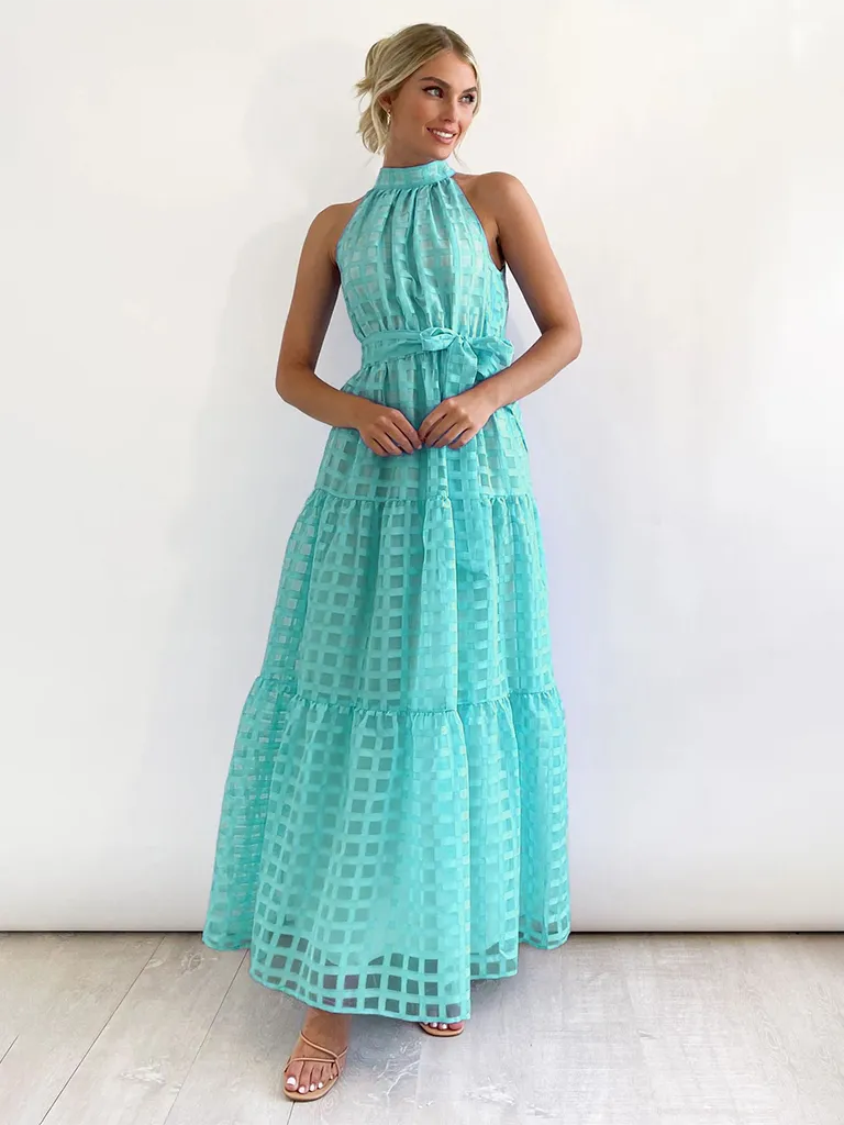 Vacation Dresses- Women Tiered Halter Maxi Dress for Your Next Holiday- Light Blue- Chuzko Women Clothing