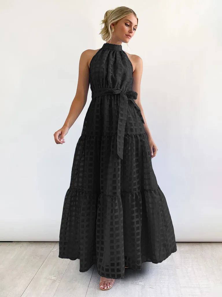 Vacation Dresses- Women Tiered Halter Maxi Dress for Your Next Holiday- Black- Chuzko Women Clothing