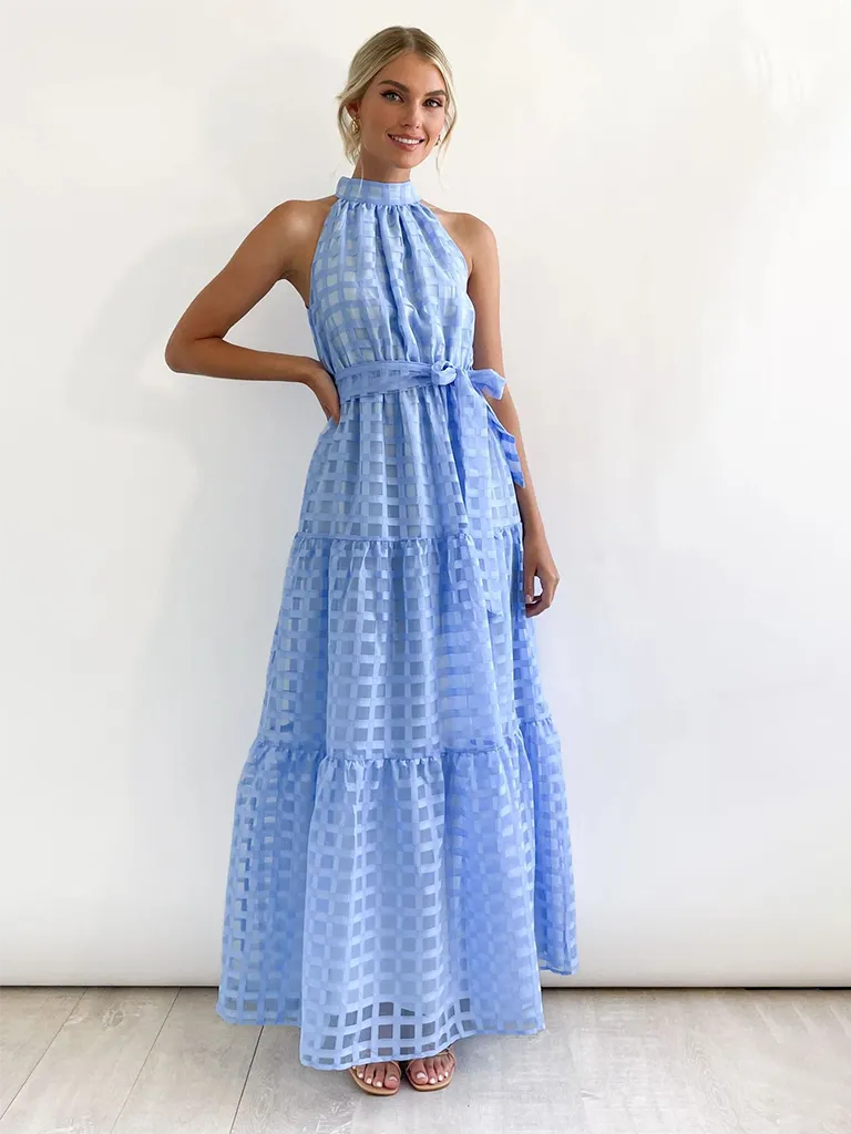 Vacation Dresses- Women Tiered Halter Maxi Dress for Your Next Holiday- Blue- Chuzko Women Clothing