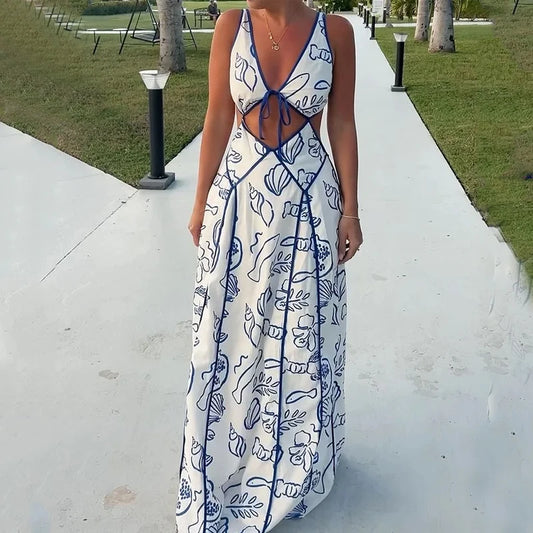 Vacation Dresses- Women's Blue Print Backless Maxi Dress for Summer- Blue- Chuzko Women Clothing