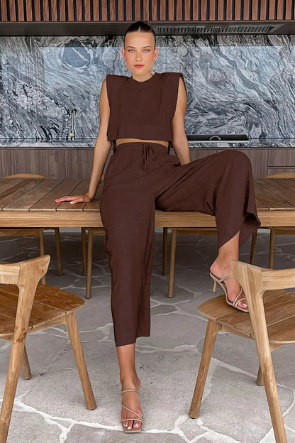 Vacation Outfit Set- 2-Piece Cotton Linen Lounge Outfit for Vacay - Crop Tie Top & Linen Pants- Brown- Chuzko Women Clothing