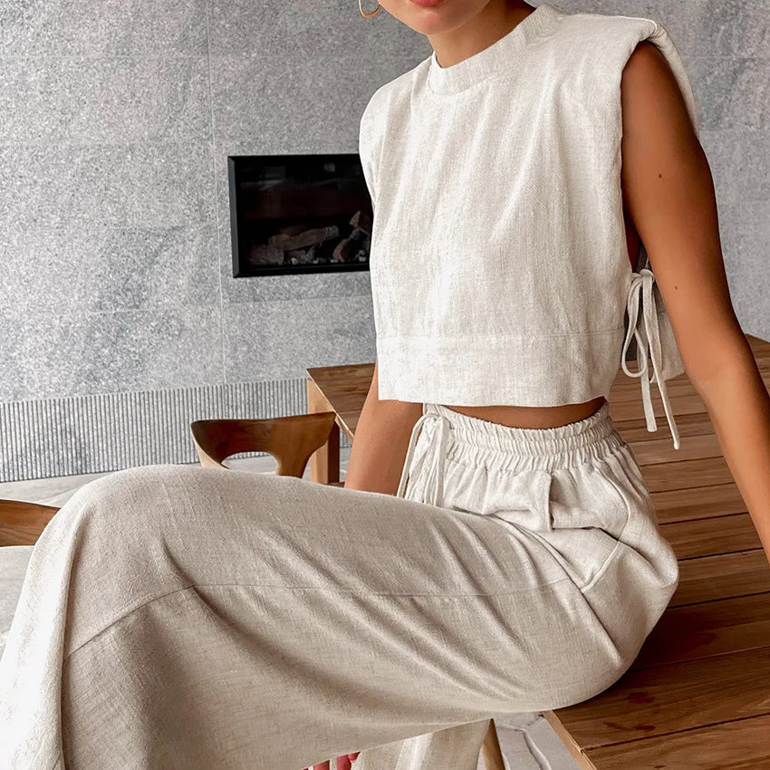 Vacation Outfit Set- 2-Piece Cotton Linen Lounge Outfit for Vacay - Crop Tie Top & Linen Pants- - Chuzko Women Clothing