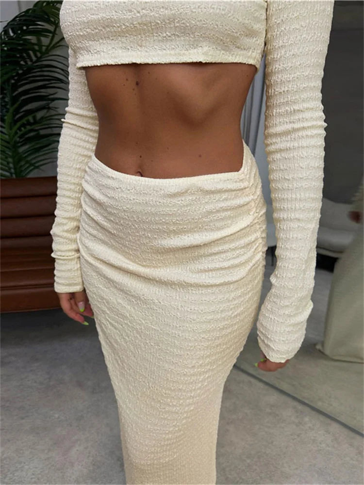 Vacation Outfit Set- Cream Textured Two-Piece Set - Cropped Top and Skirt- - Chuzko Women Clothing