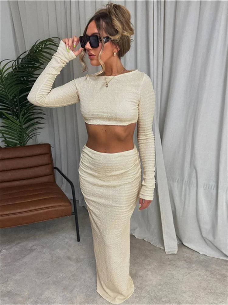 Vacation Outfit Set- Cream Textured Two-Piece Set - Cropped Top and Skirt- - Chuzko Women Clothing